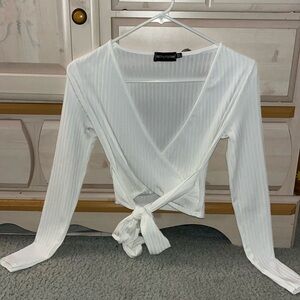 Pretty little thing white ribbed wrap shirt with tie